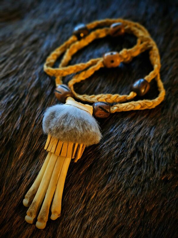 Coyote Foot Bone Necklace With Braided Buckskin Cord, Fringe & Rabbit Fur - Image 5