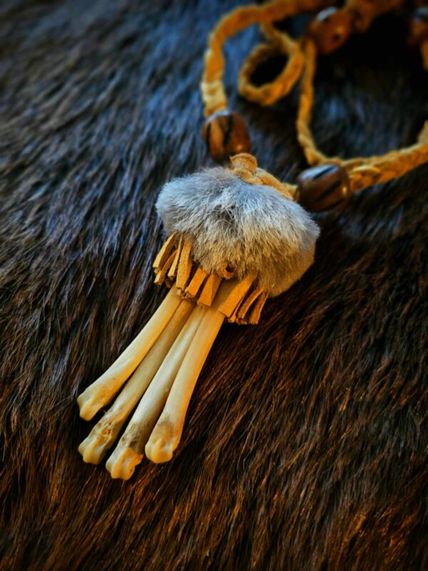 Coyote Foot Bone Necklace With Braided Buckskin Cord, Fringe & Rabbit Fur - Image 6