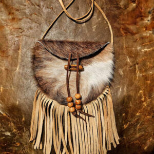 Handmade Cowhide Bag | Round Bag With Wood Toggle and Fringe | Hair On