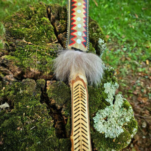 Hand Carved and Painted Coyote Fur Bear Hide Rattle