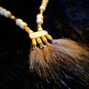 Wolf Fur Pendant with Bison, Cow, Wood, and Metal Beads