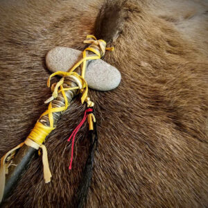 Traditional Ceremonial Stone Club | Bear Hair, Granite, Elk Rawhide, Horse Hair, Brass, Ash Wood Handle