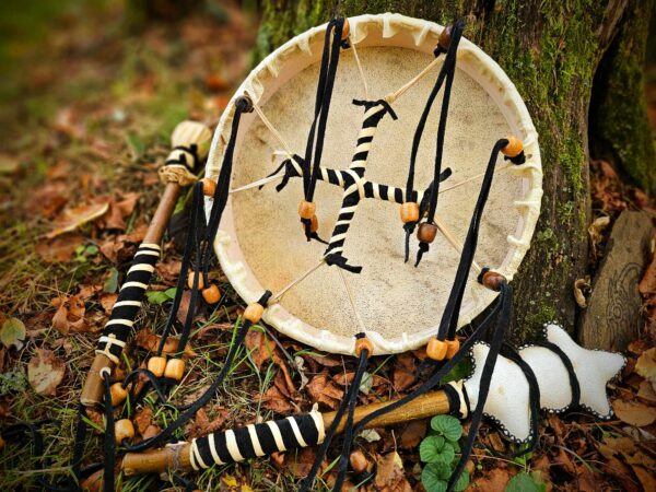 Bear Hide Drum, Beater, and Rattle With Leather Grips - Image 7