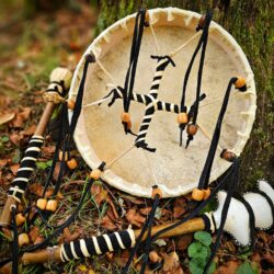 Bear Hide Drum, Beater, and Rattle With Leather Grips