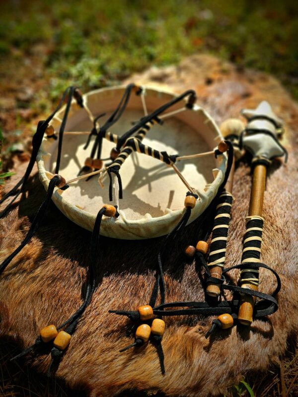 Bear Hide Drum, Beater, and Rattle With Leather Grips - Image 5