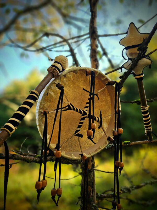 Bear Hide Drum, Beater, and Rattle With Leather Grips - Image 3
