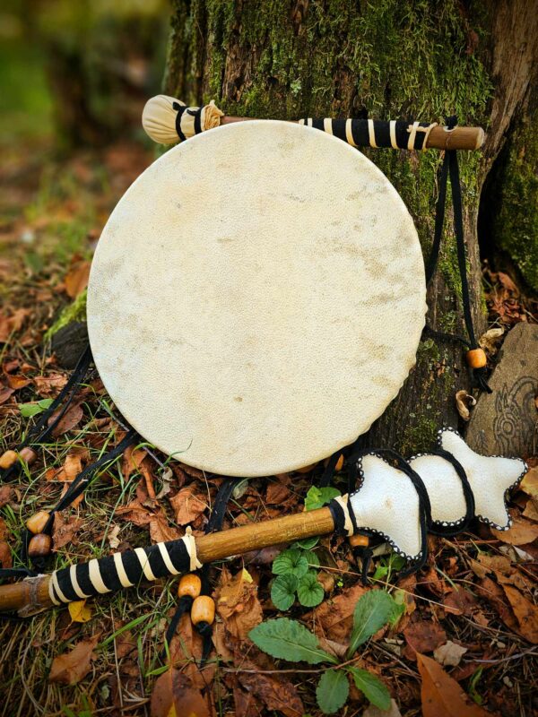 Bear Hide Drum, Beater, and Rattle With Leather Grips - Image 4