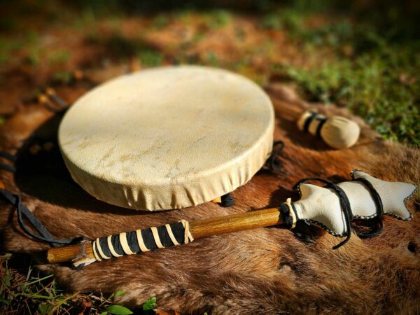 Bear Hide Drum, Beater, and Rattle With Leather Grips - Image 6