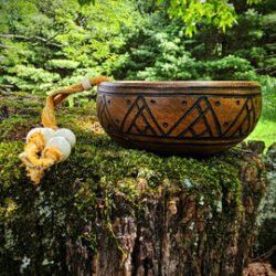 Acacia Wood Offering Bowl With Buckskin Strap, Bone Beads, and Copper Beads