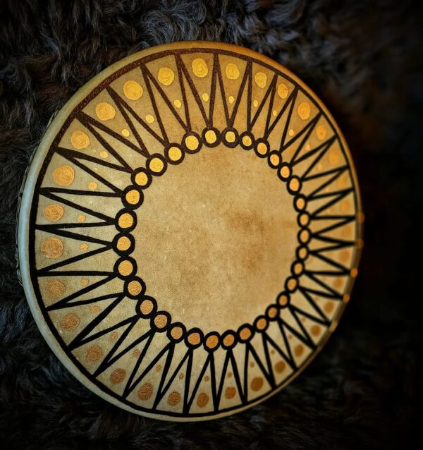 Sun Hut Black and Gold 12" Deer Hide Drum - Image 2