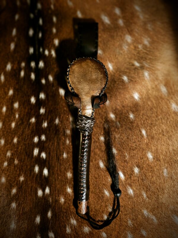 Bison Hide Rattle With Hand Burned Maple Handle, Leather & Wood Holder - Image 2