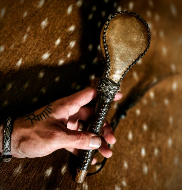 Bison Hide Rattle With Hand Burned Maple Handle, Leather & Wood Holder - Image 8