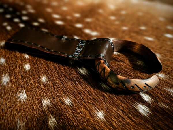 Bison Hide Rattle With Hand Burned Maple Handle, Leather & Wood Holder - Image 9