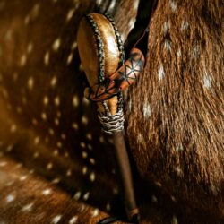 Bison Hide Rattle With Hand Burned Maple Handle, Leather & Wood Holder