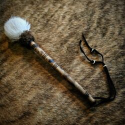Cowhide Hair-On Rattle With Otter Hair, Bone Rings, & Poplar Wood Handle