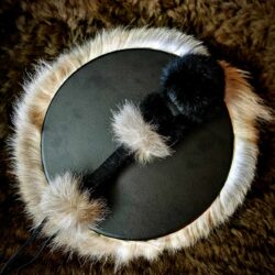 Black Deer Hide Drum & Beater With Wolf Fur Trim & Rabbit Fur Head