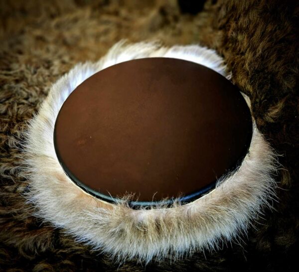 Black Deer Hide Drum & Beater With Wolf Fur Trim & Rabbit Fur Head - Image 6