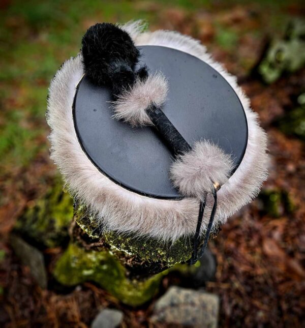 Black Deer Hide Drum & Beater With Wolf Fur Trim & Rabbit Fur Head - Image 2