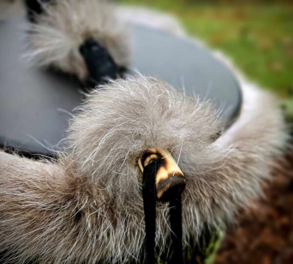 Black Deer Hide Drum & Beater With Wolf Fur Trim & Rabbit Fur Head - Image 4