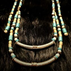 Painted Turquoise, Bone, and Glass Bead Metal Pendant Necklace